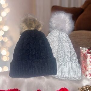 Cozy Pom-Pom Beanie Set - Black and Gray